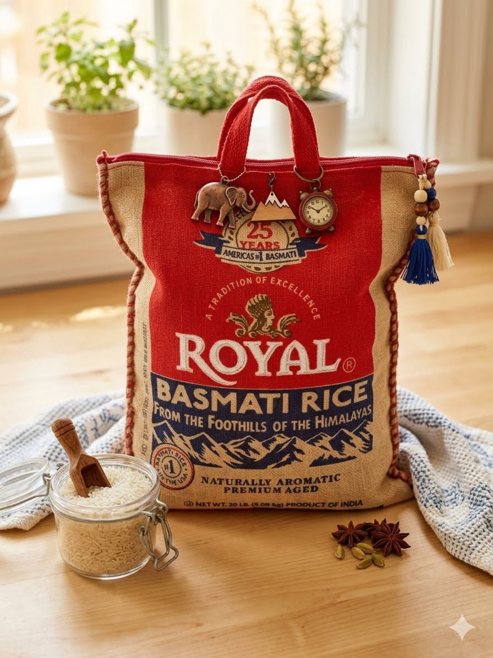 Royal Basmati Rice Burlap Bag 20 lb Tote 14"x18" Zipper Upcycle DIY ♻️ 💼  EUC